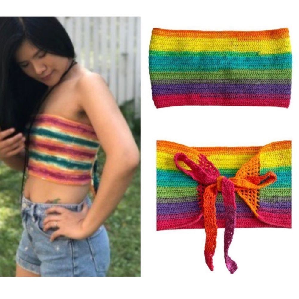 Hand Crafted Tube Top Crop Top Halter Size M/L Rainbow Crochet Top Tied Closure
